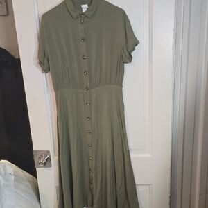 H&M Olive Green Button-Front Midi Dress